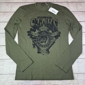 Fiorucci Men's Long Sleeve L Superior Stars Graphic Tee Army Green T-Shirt NWT
